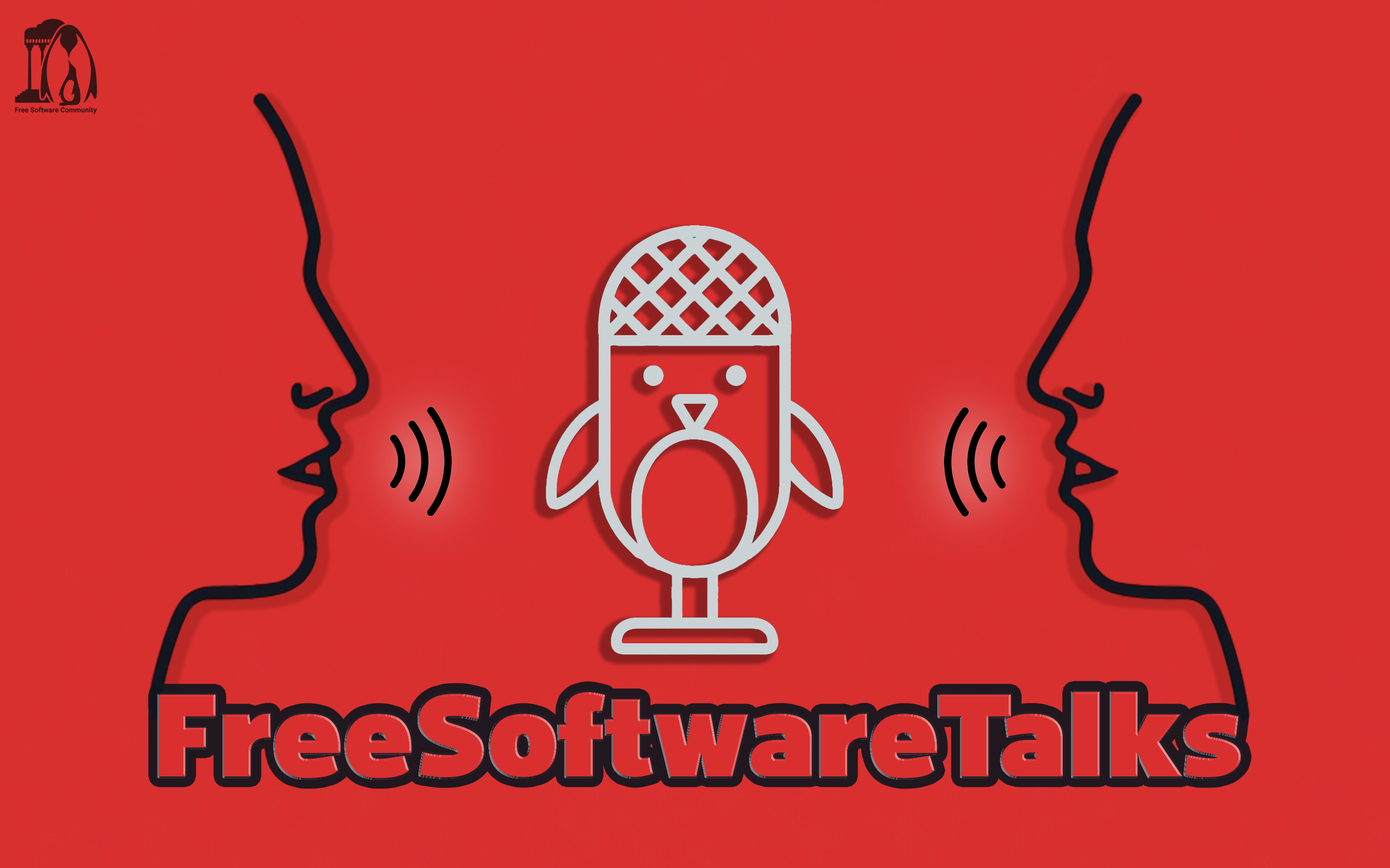 پوستر گفتمان نرمافزار آزاد دو نیم رخ در کنار هم با المان میکروفن شکل تاکس